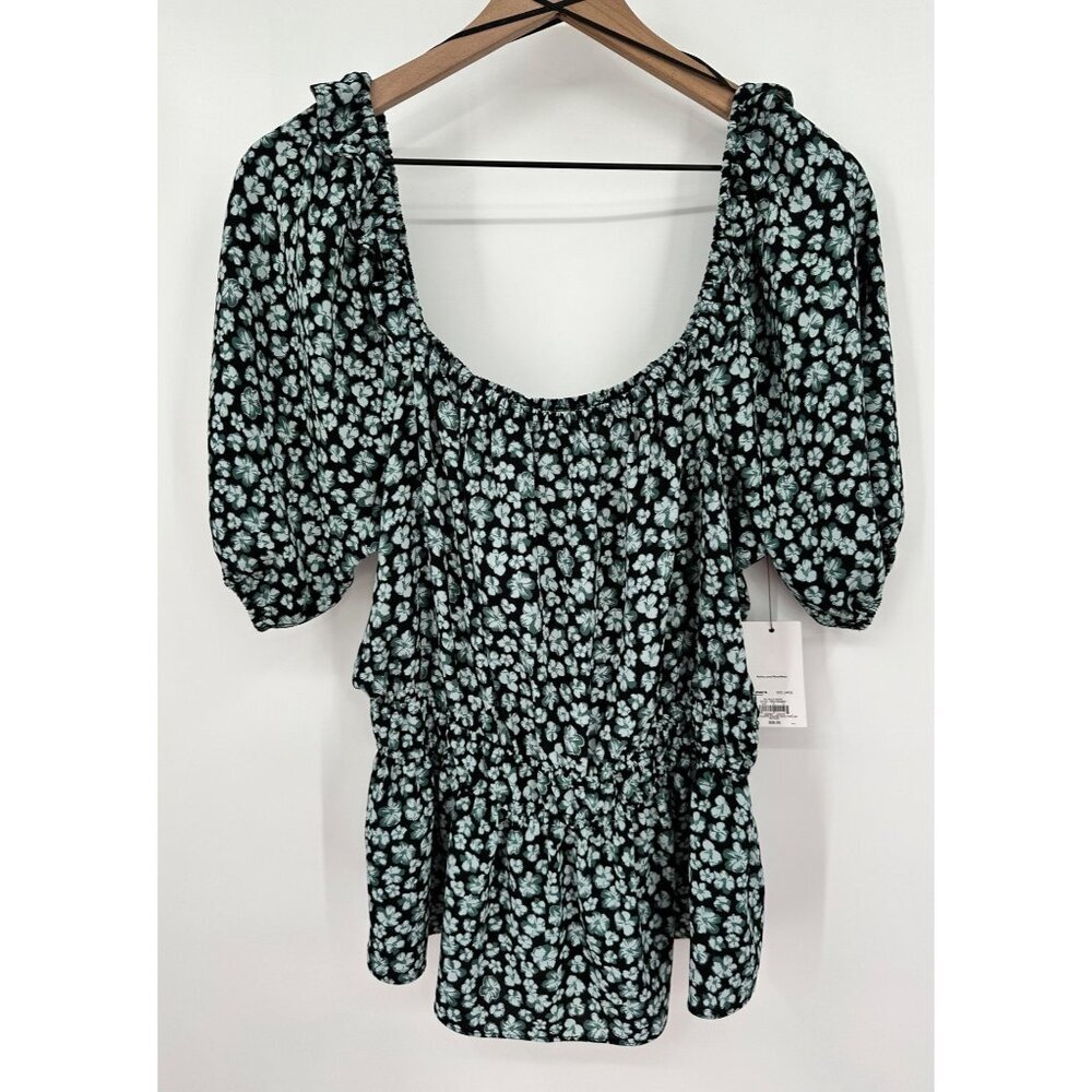 Nine West Short Sleeve Square Neck Peplum Blouse Women Large Black Floral NWT